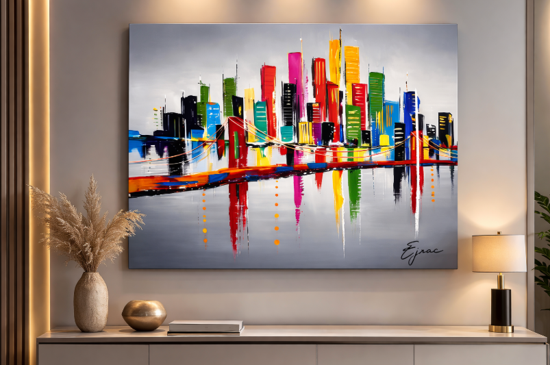 Skyline Chromatique – Tableau abstrait ville colorée moderne